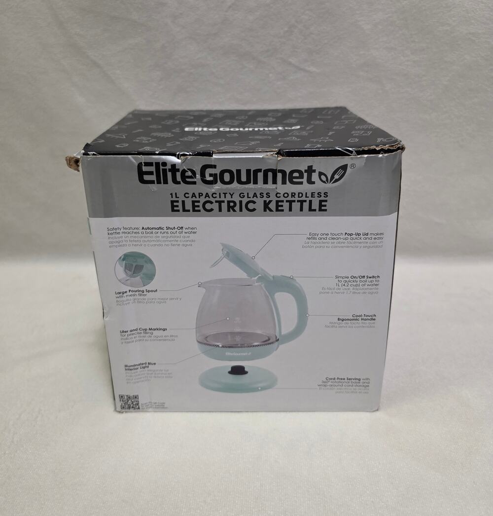 Elite Gourmet 1L Glass Electric Kettle Mint Blue Cordles Auto Shut Off EKT1001M